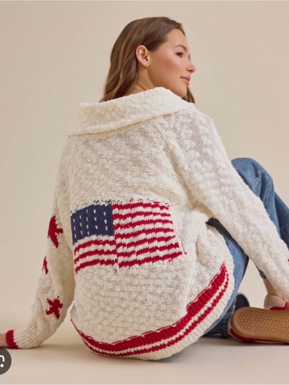Altar'd State Cream Cable Knit Turtleneck Sweater with Flag Detail
